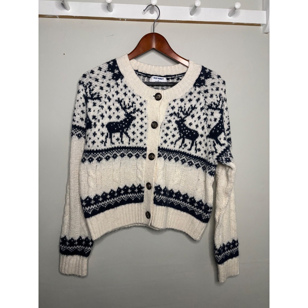 Old Navy Fair Isle‎ Reindeer Cardigan XS Nordic Cottagecore Holiday Sweater